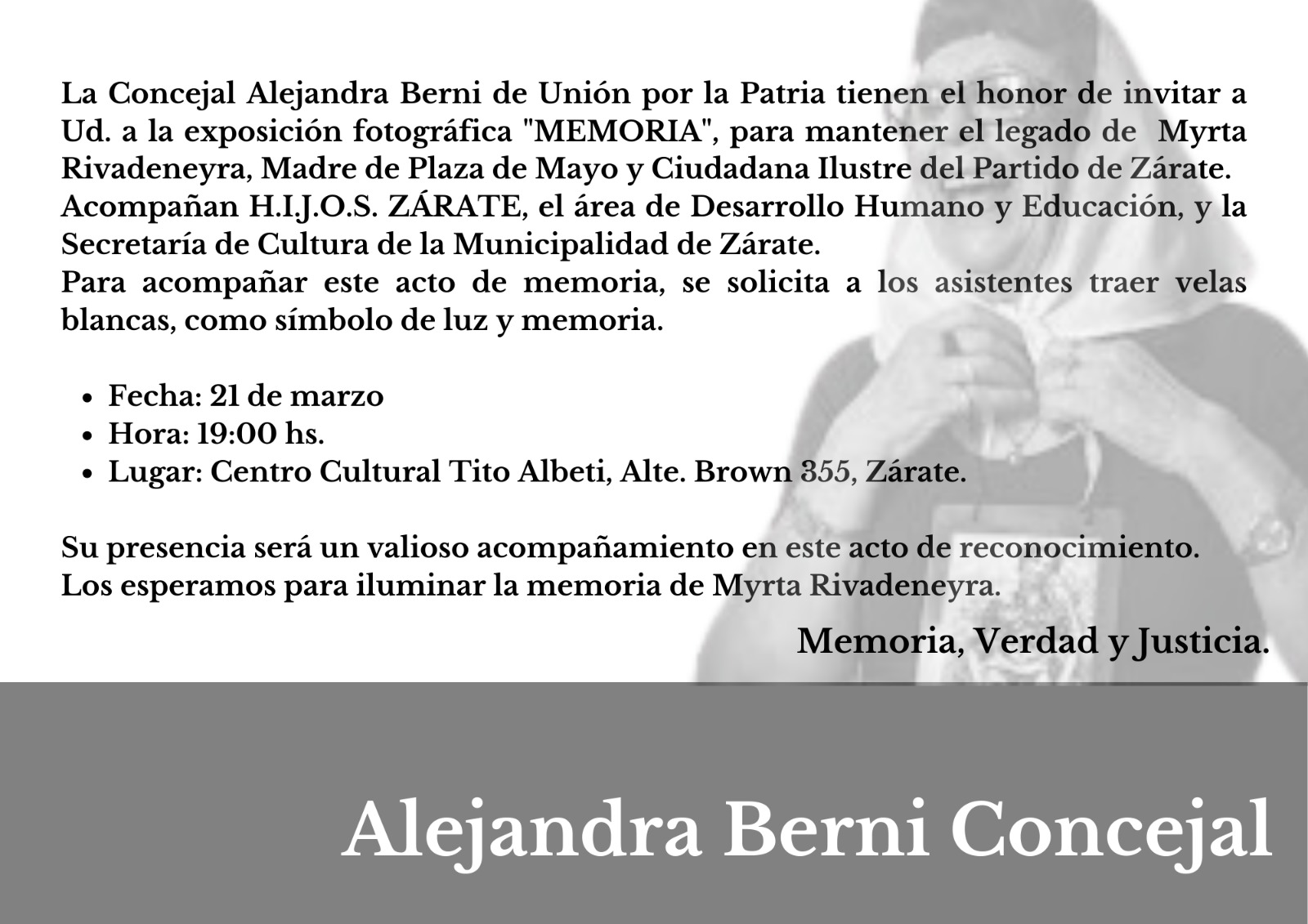Concejal Alejandra Berni: «Memoria, Verdad y Justicia»